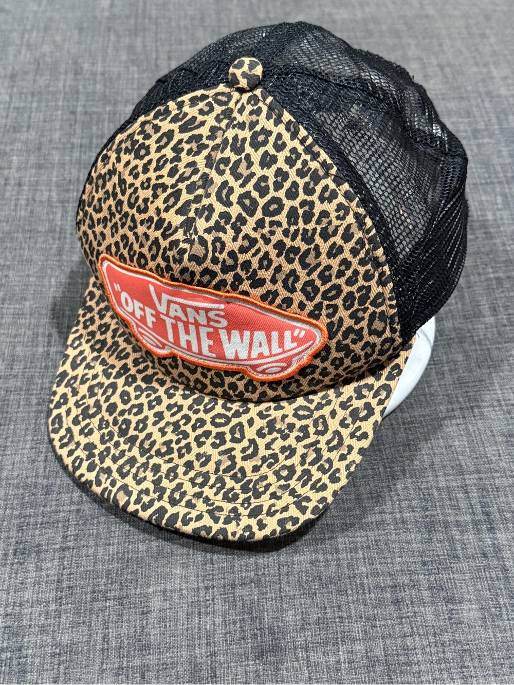 Vans Leopard Print Trucker Hat with Black Mesh and Red Logo Patch
